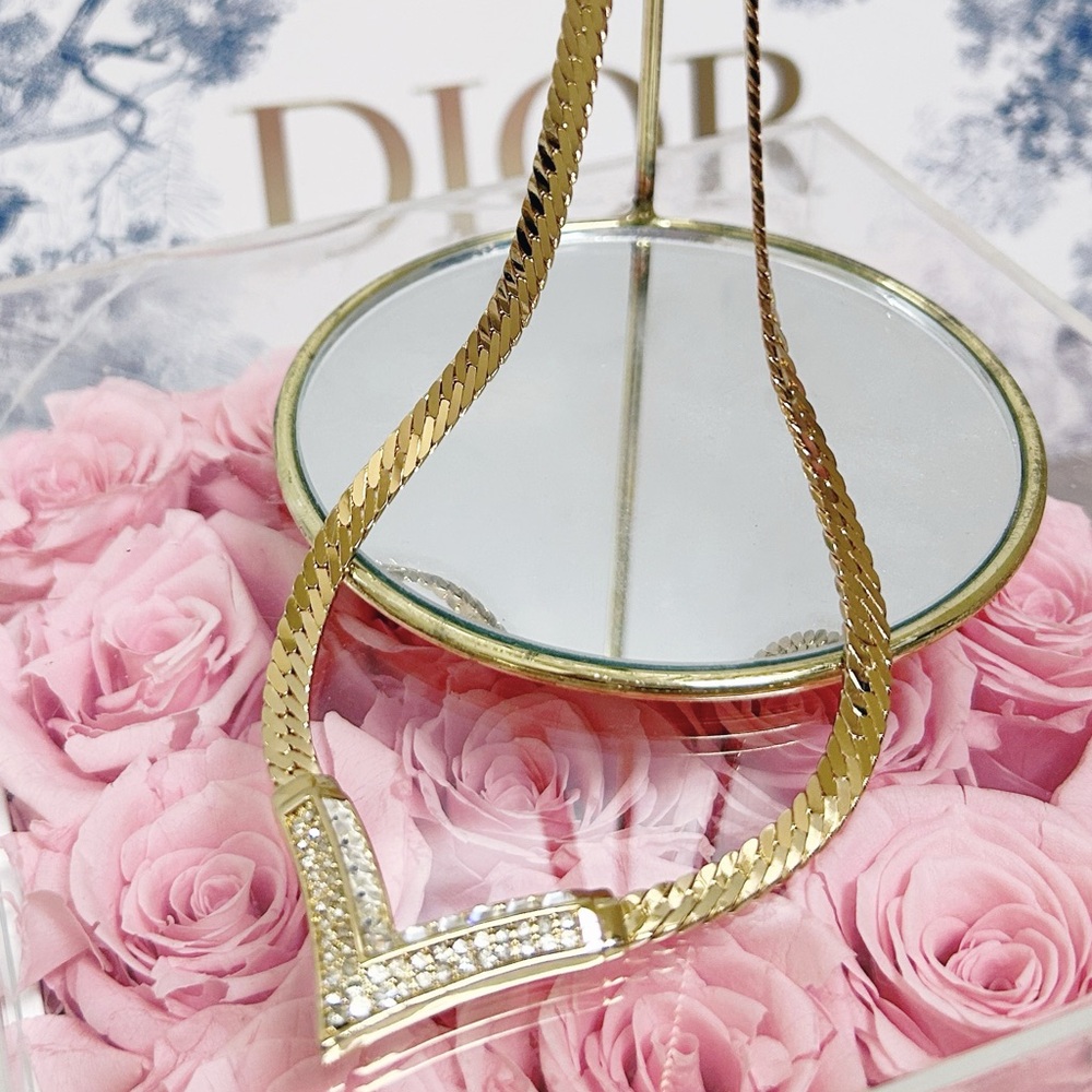 Authentic Christian Dior Vintage 24kt G.P Crystal Mirrored Herringbone Necklace